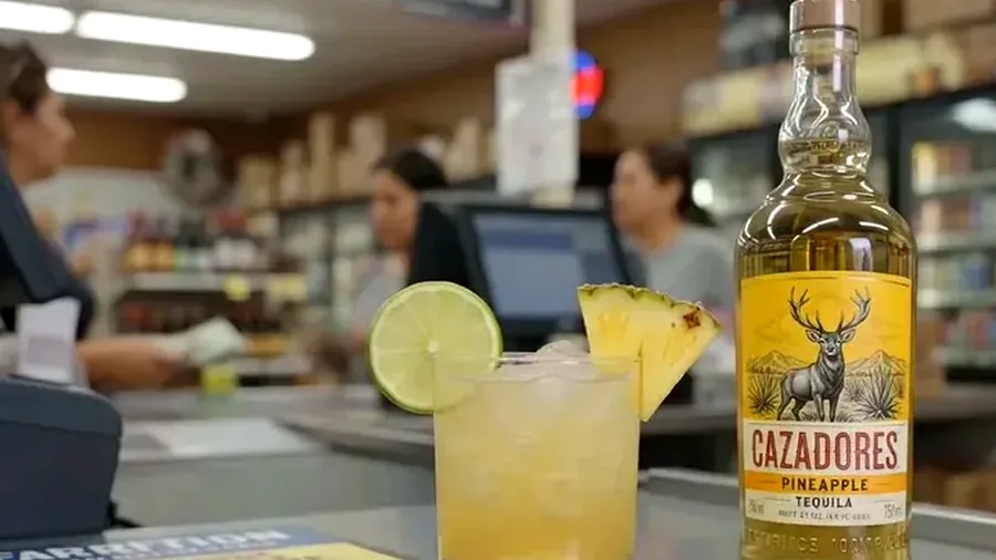 Liquor bottles and drink items arranged on the Harrison counter