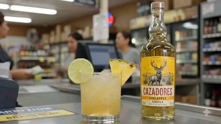 Liquor bottles and drink essentials on the Harrison counter