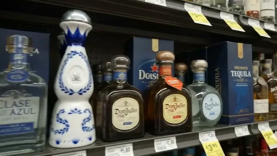 Tequila bottles on a Harrison Liquor shelf